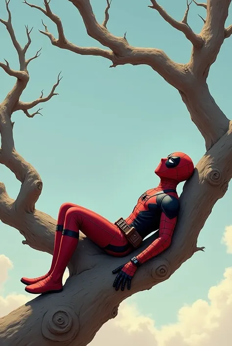 Dead Pool and Spider-Man in a dry tree lying down watching the sky 