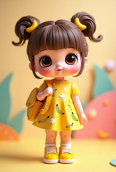  Kawaiii-style cute doll wearing a yellow satin with a banana print, wearing yellow sneakers ,  wearing a yellow schoolbag with a banana drawn on the front .  She wears two little tails with a banana clip 