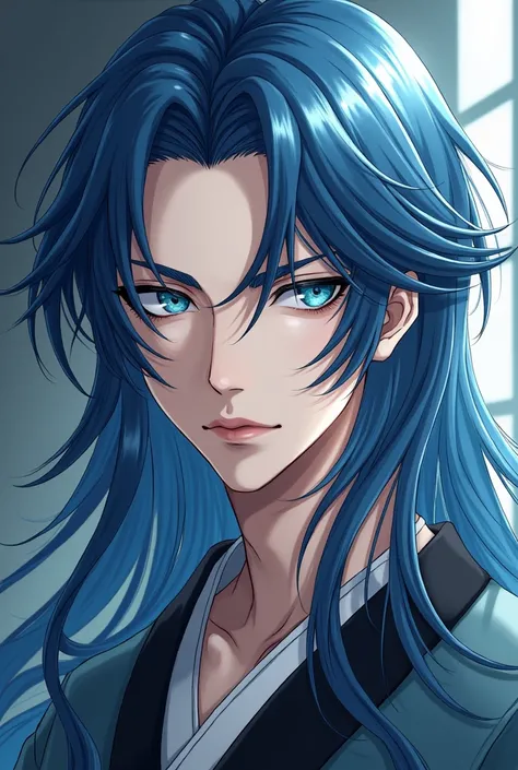  A very attractive young man ,  with beautiful faith but he is a very serious man ,  he has long blue hair his locks are shaped like a book ,  he has slanted aquamarine eyes and his lips are a very soft peach color,  has a typical Japanese costume , I repe...