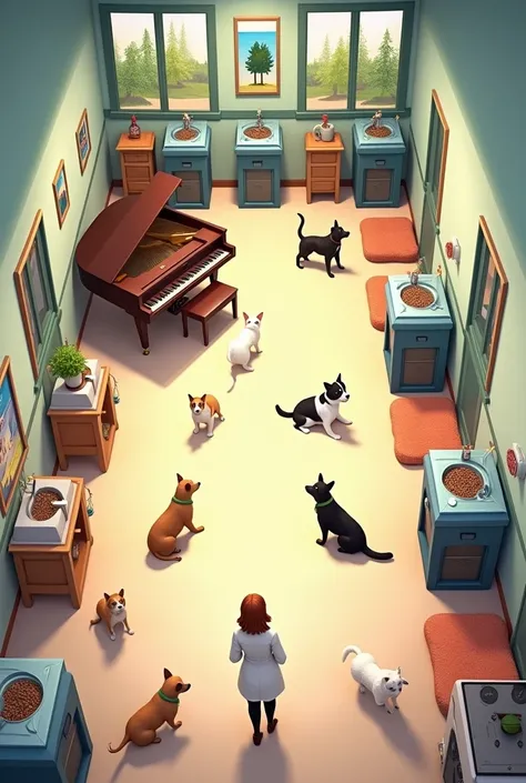  creates a large room intended for pet care that has several feeders and drinkers, several beds  ,  a piano and a place to bathe pets 