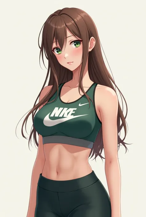 1girl, Solo, Long Hair, green eyes, anime girl, nike pro, Looking at viewer, Brown Hair, Simple background, , Anime, Large breasts, full body, naked