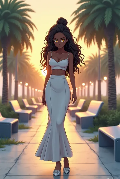 Boku no Hero-style, a dark-skinned girl with long curly black hair styled in an elegant bun, glowing golden feline eyes, prominent bust, delicate arms, defined waist, wide hips, and toned legs. She is wearing a white cropped top, a long white skirt, and wh...