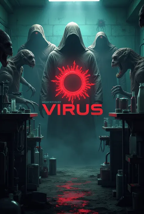 Make a poster for the quest "Virus" and add a logo . Make it with a lab background and in a horror style. Add mutants to the background 