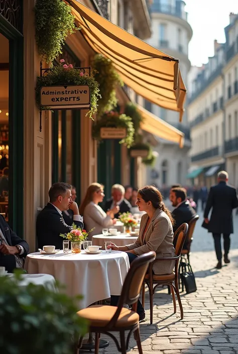  Image featuring a sign "administrative experts" With a Parisian café