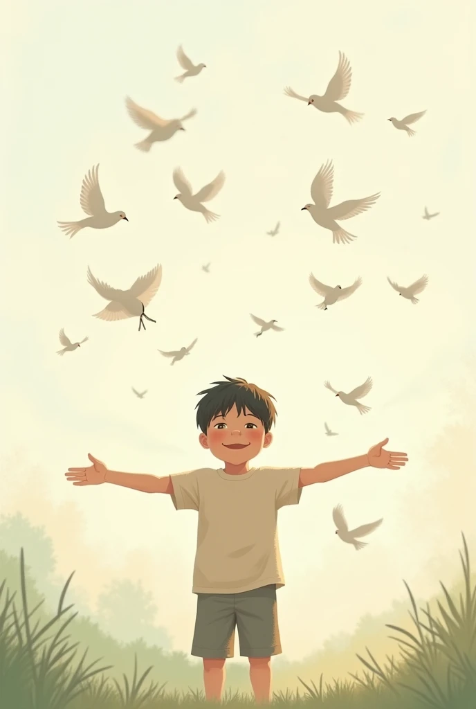 Drawing of a boy extends arms  (sideways), Birds roam 
Your arms message of peace

