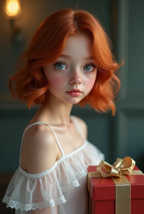  very detailed,  extremely realistic,  hyperrealism ,  super real ,  top quality,(  Masterpiece  , soft lighting ,  STYLISH EYES WITH EVERY DETAIL: 1.2),15-year-old girl, (cute),Walking through a camera studio with Christmas presents, off-the-shoulder shee...