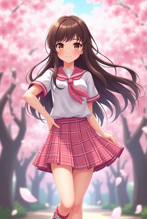 Short-sleeved Nambang with a pink plaid tie and high-red sneakers for a brown long-haired high school girl wearing a pink plaid miniskirt and going on a cherry blossom outing