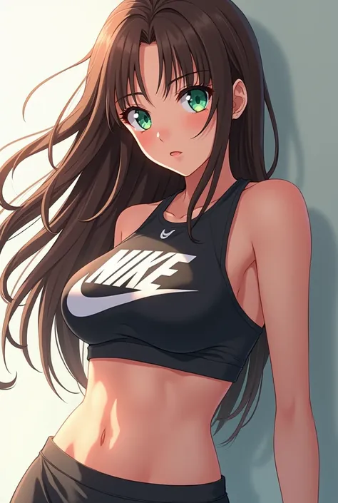 1girl, Solo, Long Hair, green eyes, anime girl, nike pro, Looking at viewer, Brown Hair, Simple background, , Anime, Large breasts, full body