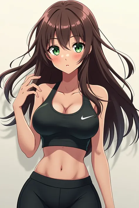 1girl, Solo, Long Hair, green eyes, anime girl, nike pro, Looking at viewer, Brown Hair, Simple background, , Anime, Large breasts, full body