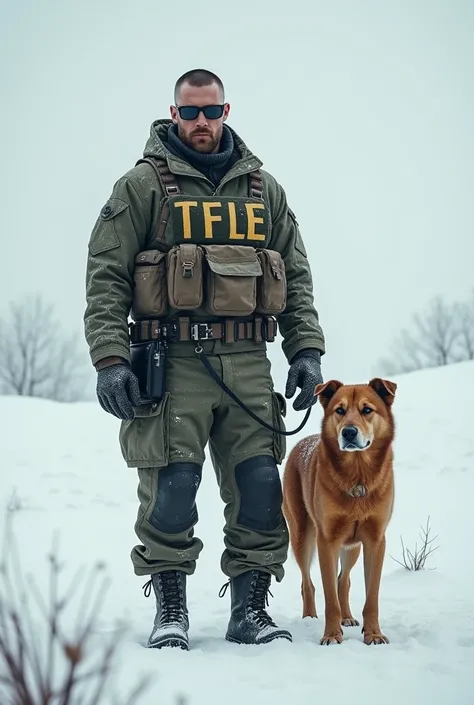 Man with short hair short beard and sunglasses like solder in the snow with clothes written TFLE and caramel dog 