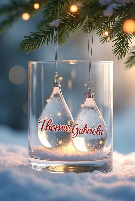 Picture of 2 Christmas drops in glass that say the names of
THOMÁS 
GABRIELA 