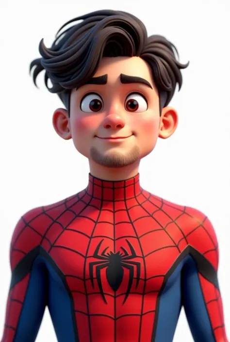  The image is a digital illustration of a male character dressed in a Spider-Man costume . the character is young (s), shape of the face inverted triangle , He has short hair,  dark and curly , He is smiling.  He wears a red and blue Spider-Man suit with a...