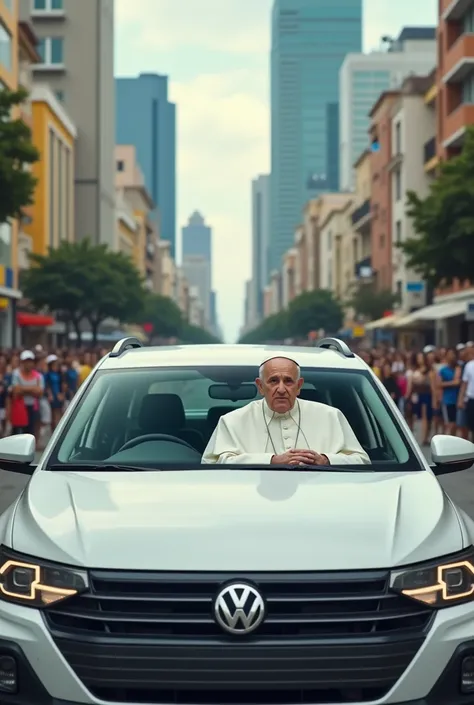 Pope arriving in Brazil driving a car from Kovi car rental company,  The car is a white Volkswagen Polo Track