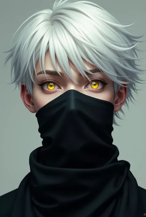 20-year-old boy with white hair and yellow eyes also with a black handkerchief covering his nose and mouth