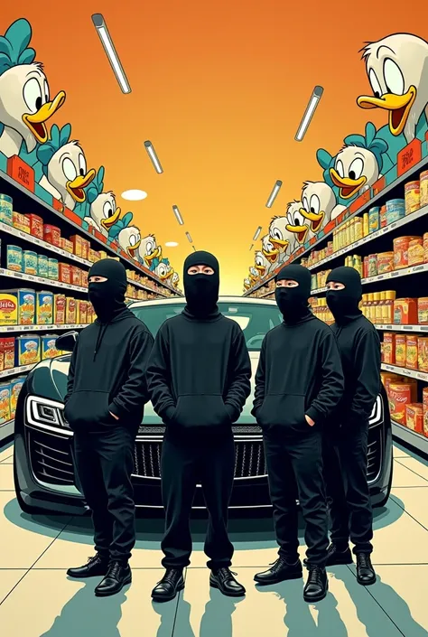 Generate a picture of a comic style music cover where boys and balaclava stand in front of a luxury car Donald Duck style S in supermarket style also dressed completely in black and younger boys the boys are small