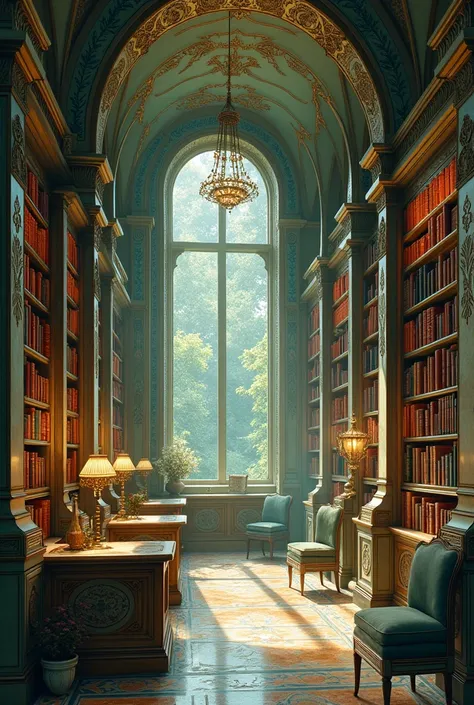 Create a dreamy  library in Mucha style without people