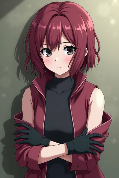 
 
A 16-year-old girl, cute face, white skin, black eyes, short wavy hair to the nape of the neck, wine red color, serious expression, long-sleeved shirt with gloves and a nice sleeveless jacket--In the style of Naruto Shippuden 
