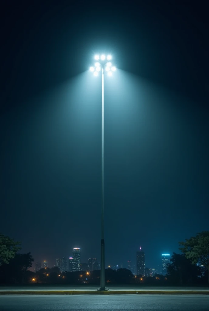  create a nighttime image of an LED light pole, with a very strong light , On a street,  in a Brazilian city .  Without many apparent wires .