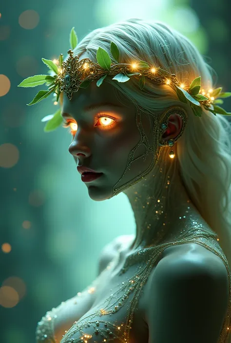 The goddess, Fortuna bioluminescence laurel wreath, glowing eyes, head to breast, silicone cybernetics. High Resolution, Masterpiece, Award Winning, Best Quality, High Details, High Quality, UHD, Optical Illusion, Impressionism, Art Deco, Cinematic, Cinema...