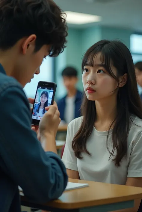 Male student secretly taking photos with a cell phone of a female student