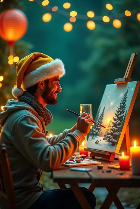 Realistic photo, happy person painting a Christmas painting outdoors at night, he has a yellow Christmas hat, the canvas is on the table, the table has a glass of wine, the atmosphere is night and green, and it has yellow Christmas lights, candles, its out...