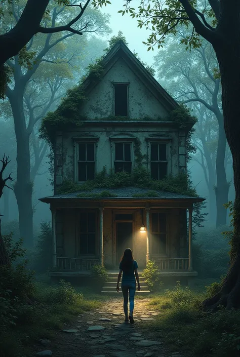  an abandoned house in the woods with trees around old doors and windows and an abandoned look with a girl with a white complexion long black hair jeans, a blue shirt and a flashlight in my hand entering the house 