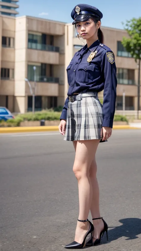 beautiful Japanese woman, 22 years old, perfect anatomy, healthy thighs, beautiful legs, beautiful skin, random hair color, random hairstyle, large breasts, female police officer, (Japanese police uniform:1.3), (miniskirt:1.3), (she is standing:1.2), full ...