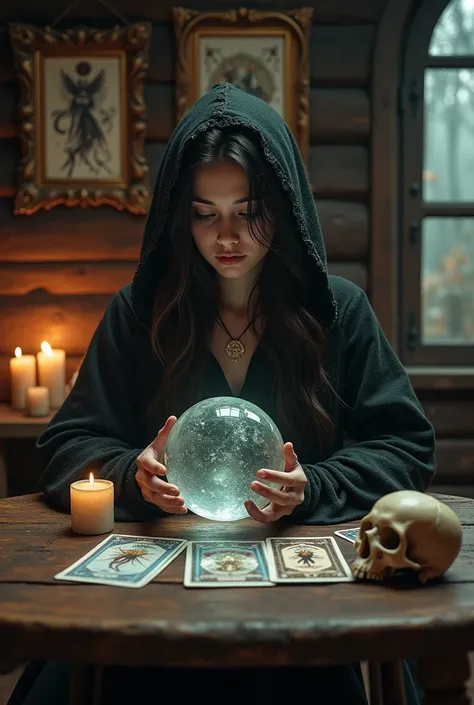 Beautiful young Gypsy woman using a hood, tarot cards, crystal ball in a wooden table, candles, wooden caban, mistic frames in the wall, moon in the window, witch symbols, skull head, gothic, dark,