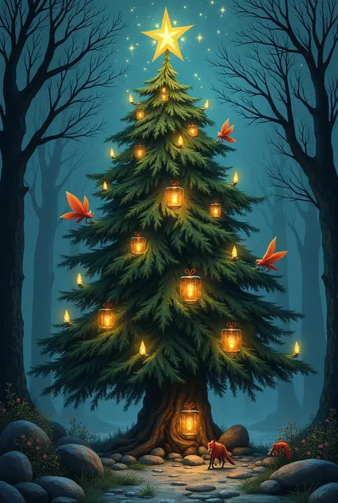 in the deep dark forest,  where shadows hid creatures ,  about which terrible legends were made , , there was a lively and cheerful Christmas tree with the face .  Her branches were covered with moss ,  and her face was decorated with stones and leaves ,  ...