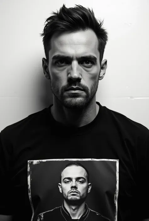 On a white wall background , a black shirt with the printed image of a criminal with his prison sign when they take the photos and the sign says GANGSTER in gangster type font, All in black and white 