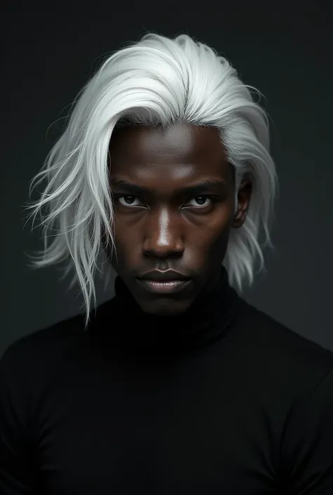 A dark-skinned young man with shoulder-lenght white hair