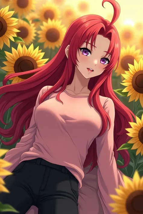 semi-realistic, Manwha my hero academia adult woman with purple eyes and long crimson hair and a tuft, wears a pastel pink sweater under her shoulders and black pants, carries a  with long crimson hair and yellow eyes and angel wings blues behind her back ...