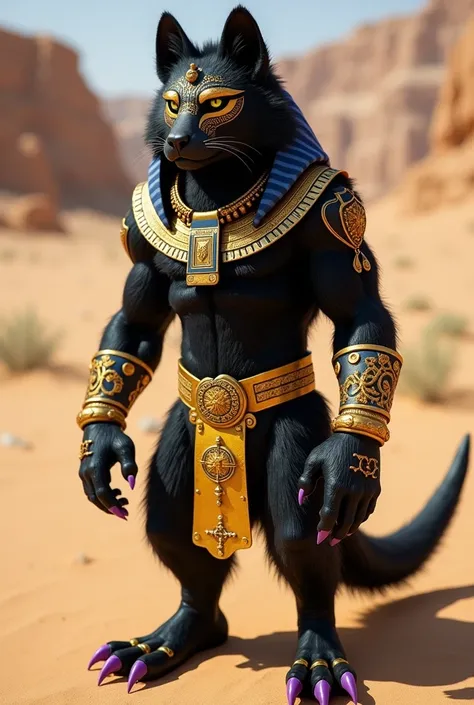 Furry,high, black coat , white bands on the arms and legs and on some parts of the body , gold necklace around the neck,normal physique,altura high 1,90, gold relics on the arms wrist and a gold skirt ,Egyptian,sharp and strong belly , a relic mark that co...