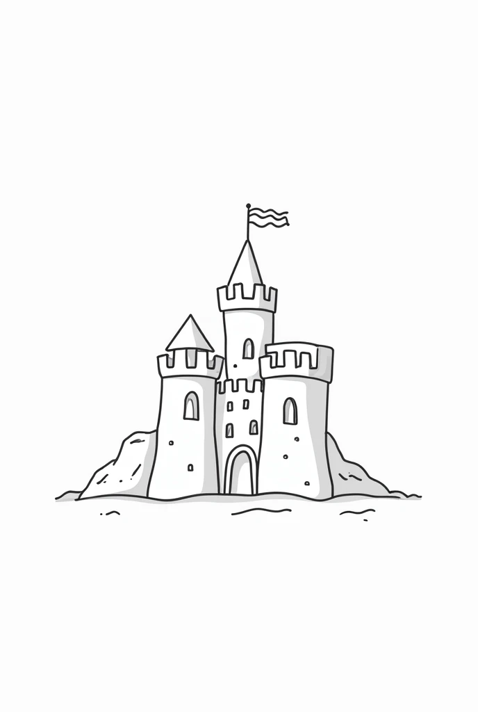 Create a simple, -friendly vector line art of Sandcastle with thin black outlines for all body parts, including the eyes, with no fill, on a white background.