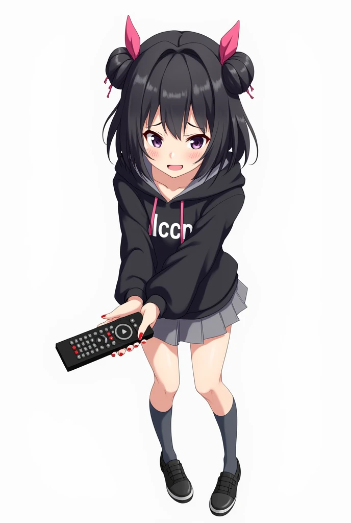 Teenage woman looking forward with black hair and with two pink ribbons standing in the front and her legs and wearing black leather shoes and gray knee-high socks And black poleron with hood and with white letters Athletic-style font LCCP on the chest wit...