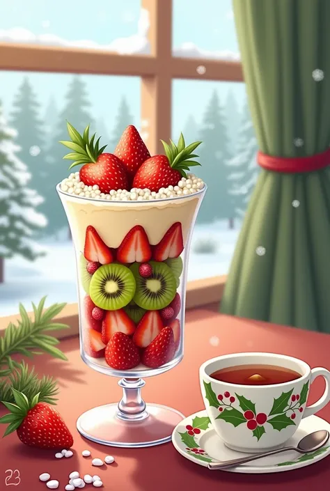 This image contains、 Desserts and tea sets with a Christmas theme are drawn。 Dessert is in a glass container like a parfait Its arranged 、 Decorations that imitate a Christmas tree are applied on top 。 strawberries and kiwis are beautifully arranged 、 in t...