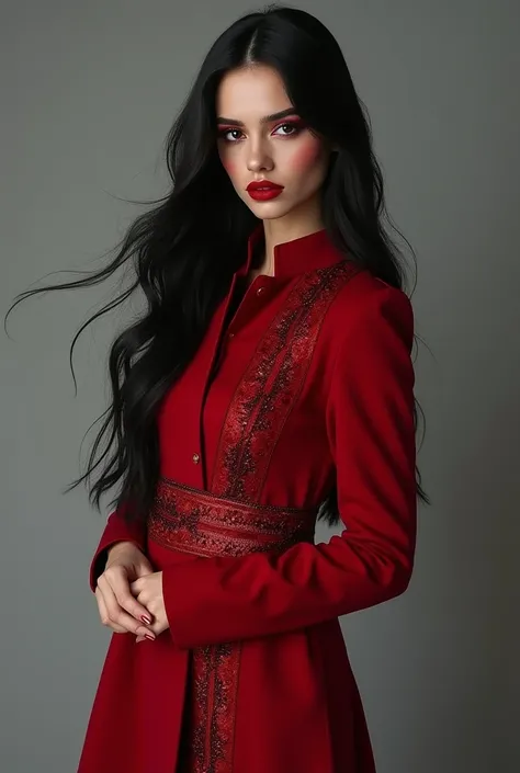 Hyper realistic photo , full body photography , A female model wears a midi-length coat with long-sleeve curve-cut red Iranian Yalda night themed , with a red pomegranate-inspired crystal embroidered band. , black hair , red face make up , --ar 9:16