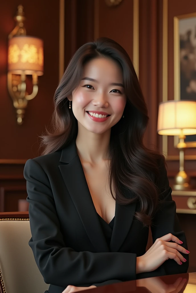 01 beautiful Chinese woman , smiling,  long hair,  wearing dress clothes in a meeting room, where the venue is exquisite and luxurious , image with rich details, High resolution and better quality
