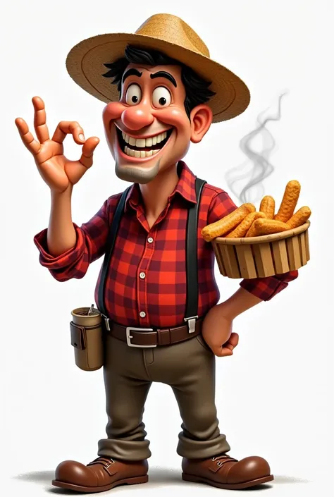  Caricature of a Caipira, clumsy, with red and black checkered shirt , brown pants,  straw hat , black suspenders, With your hand making a sign of ok eating a baconzitos 