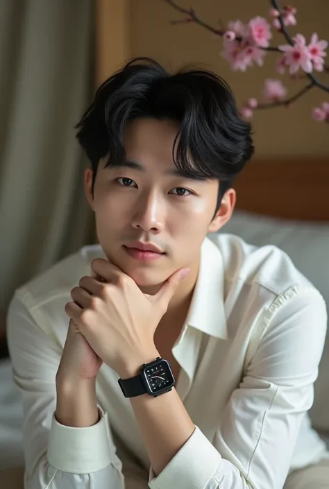 Photography A handsome Korean man neutral face, hand under chin sleeping the spring bed,  black watch, background studio home estentik, smiling face to CAMERA 