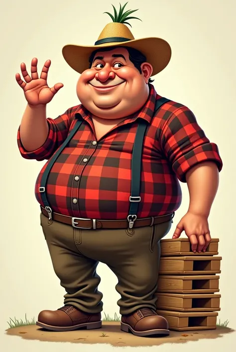  Caricature of a Caipira, clumsy, with red and black checkered shirt , brown pants,  straw hat , black suspenders, With your hand making a sign of ok eating pallets