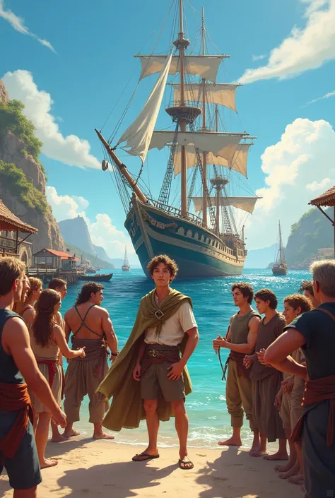 " Young Hugo,  welcomed as a hero in his fishing village.  The locals greet him cheerfully ,  and a new big ship , The Corsaire ,  is docked at the port ,  ready to go on new adventures ."