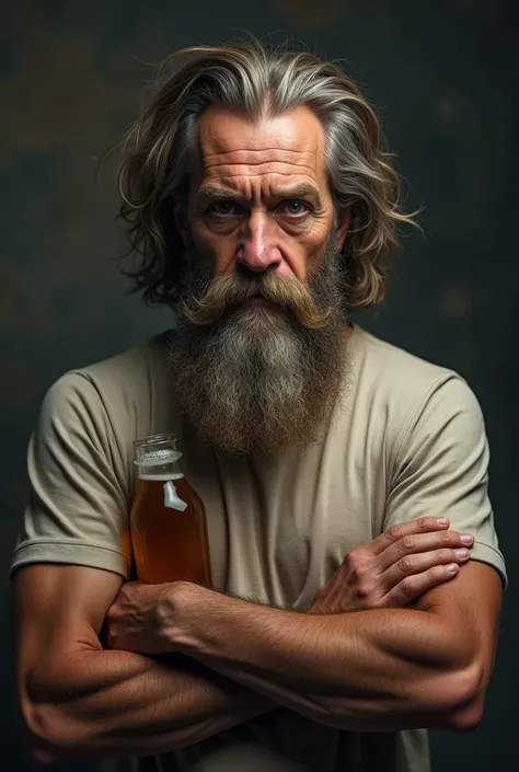  create a fighter where you can only see his face and a small part of his torso ,  you must have moderately long hair and a sloppy beard ,  he must have a glass bottle of beer and he must have an alcoholic face ,  with dark circles and some wrinkles , but ...