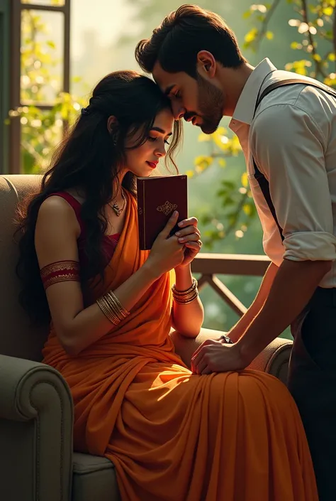 (photorealism:1.2), beautiful Hindu married woman,wearing a saree, sitting on chair holding a book, hiding her face with the book,only her eyes are visible,long hair, balcony, soft lighting, plants in background, window with sunlight, women shyingly hiding...