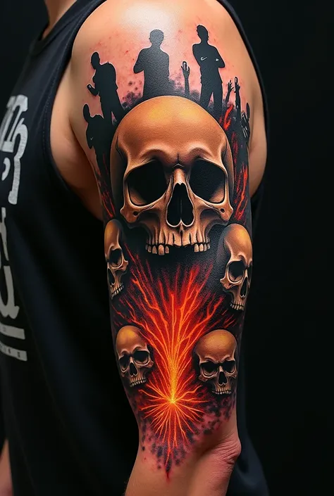 I want half a sleeve that the arm that goes through a human skull and through the mouth is spewing volcanic lava with skulls and people with full color cell phones