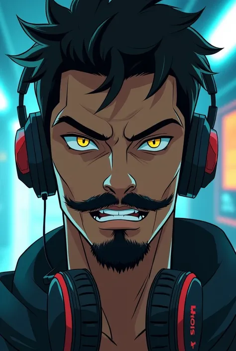  Man with a dark brown complexion with facial hair on his chin and mustache, thick lips with rabbit teeth , Slim and very young  , yellow eyes short degraded hair with headphones and serious expression in high definition futuristic manga style 