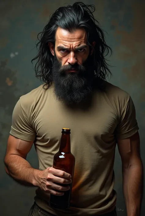  create a fighter where you can only see his face and a small part of his torso ,  you must have moderately long and poorly maintained black hair and a sloppy beard,  he must have a glass bottle of beer and he must have an alcoholic face ,  with dark circl...