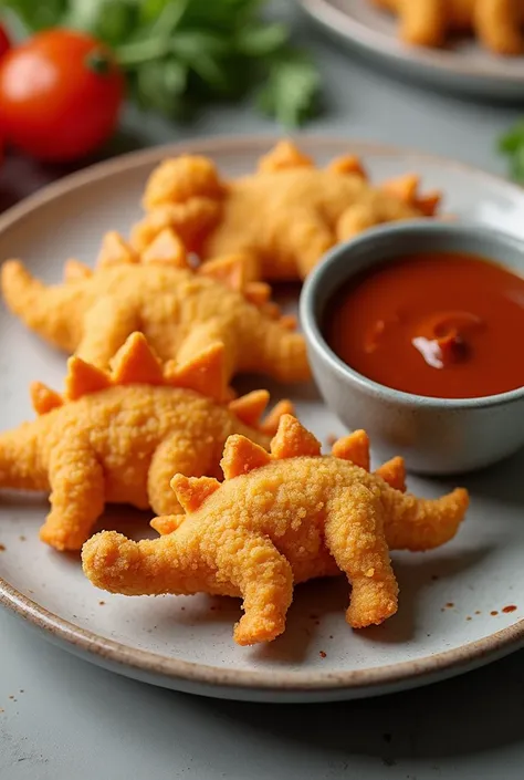 dino nuggets on a plate with sauce in a cup next to it