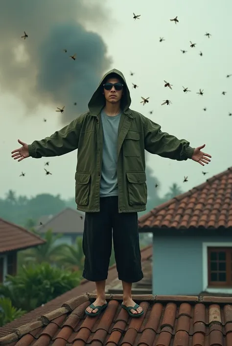 Japanese male, 20 years old, army green parka jacket with hoodie (attached to head),Black 3/4 parka pants,Flip-flops,Side view, looking at the camera,Round sunglasses,Standing on the tiled roof of a simple Indonesian house,Morning atmosphere with black fir...