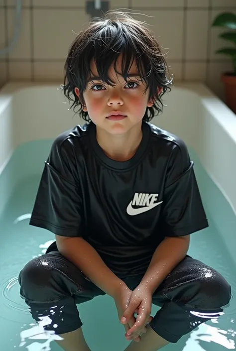 Boy, with black T-Shirt, Sports long pants, from Nike, in the with water filled big Bathub, soaking wet clothes, water dripping from his Clothes and Hair 
